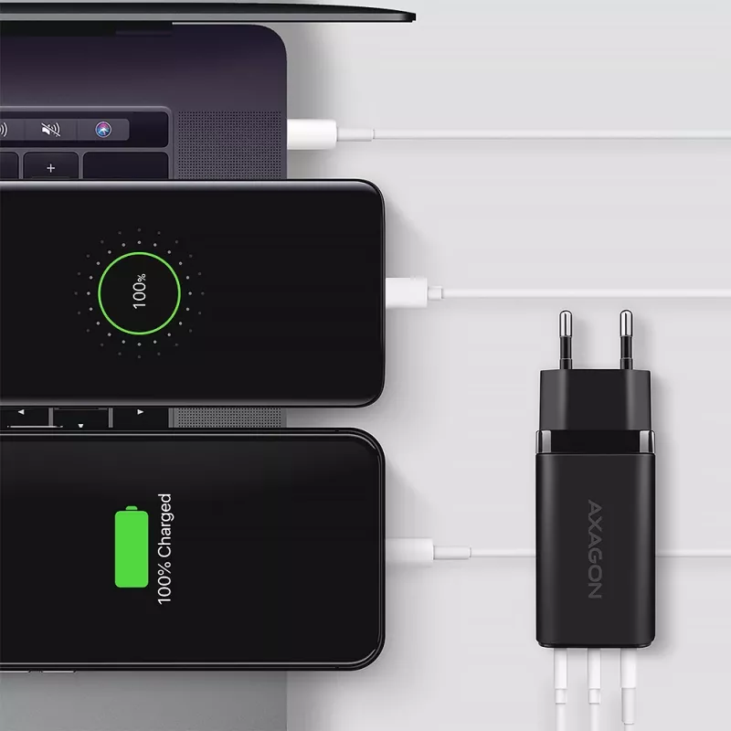 Axagon ACU-DPQ65 Cargador de pared GaN 65W, 3 puertos (USB-A + Dual-USB-C), PD3.0/QC4+/PPS/Apple