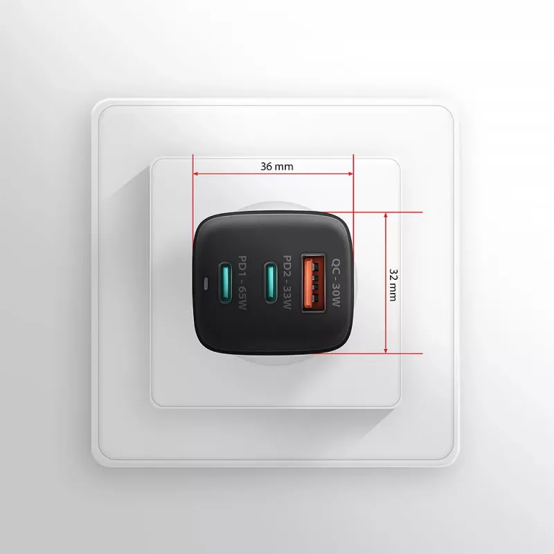 Axagon ACU-DPQ65 Cargador de pared GaN 65W, 3 puertos (USB-A + Dual-USB-C), PD3.0/QC4+/PPS/Apple