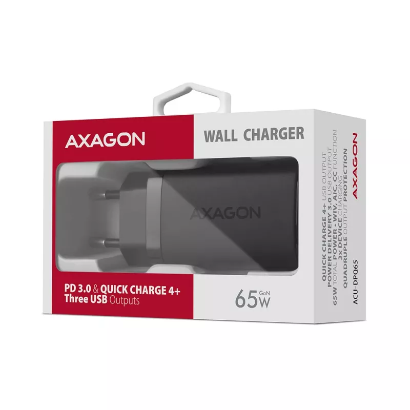 Axagon ACU-DPQ65 Cargador de pared GaN 65W, 3 puertos (USB-A + Dual-USB-C), PD3.0/QC4+/PPS/Apple