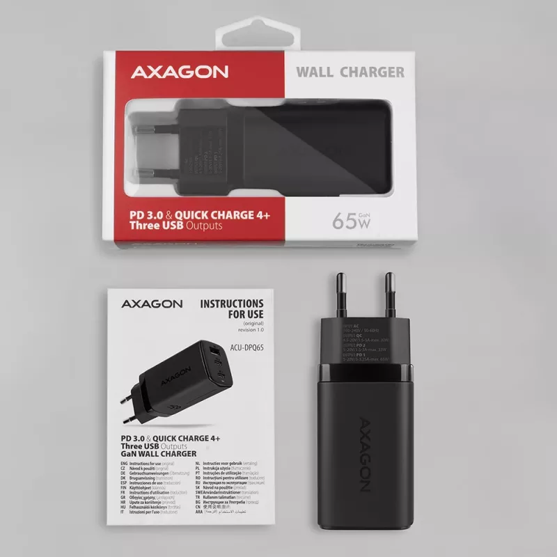 Axagon ACU-DPQ65 Cargador de pared GaN 65W, 3 puertos (USB-A + Dual-USB-C), PD3.0/QC4+/PPS/Apple