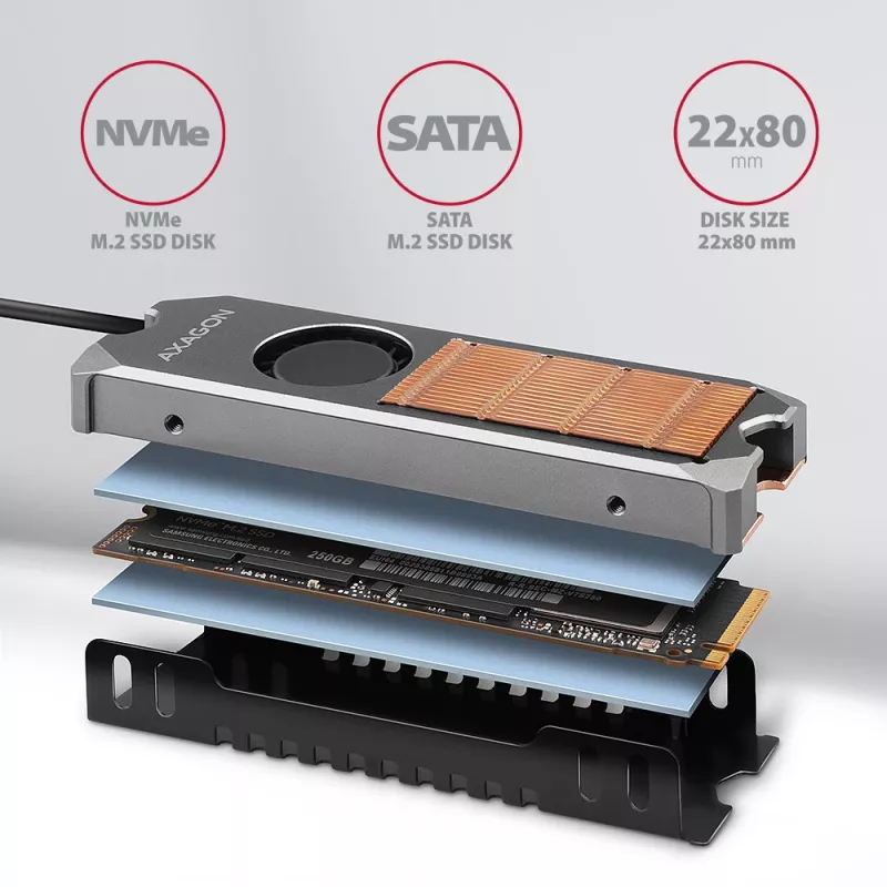 Axagon CLR-M2FAN Disipador de cobre con ventilador para unidades M.2-SSD de una y dos caras, tamaño 2280, altura 13 mm.