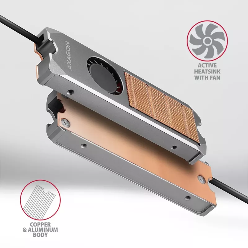 Axagon CLR-M2FAN Disipador de cobre con ventilador para unidades M.2-SSD de una y dos caras, tamaño 2280, altura 13 mm.