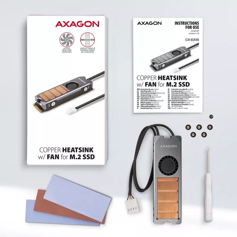 Axagon CLR-M2FAN Disipador de cobre con ventilador para unidades M.2-SSD de una y dos caras, tamaño 2280, altura 13 mm.