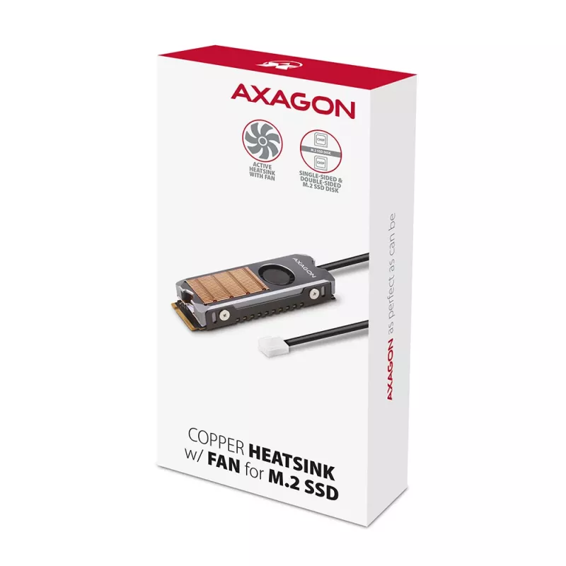 Axagon CLR-M2FAN Disipador de cobre con ventilador para unidades M.2-SSD de una y dos caras, tamaño 2280, altura 13 mm.