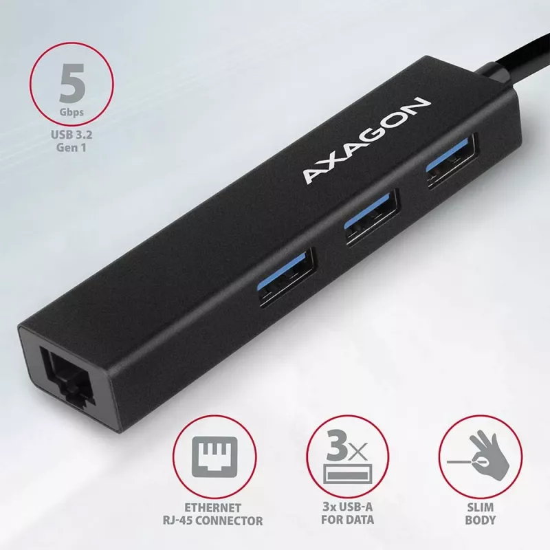 Axagon HMA-GL3A Hub multipuerto USB 3.0 Type-A Gbit-LAN 3x USB-A microSD con cable USB 3.2 Gen 1 (3.1 Gen 1) Type-A negro
