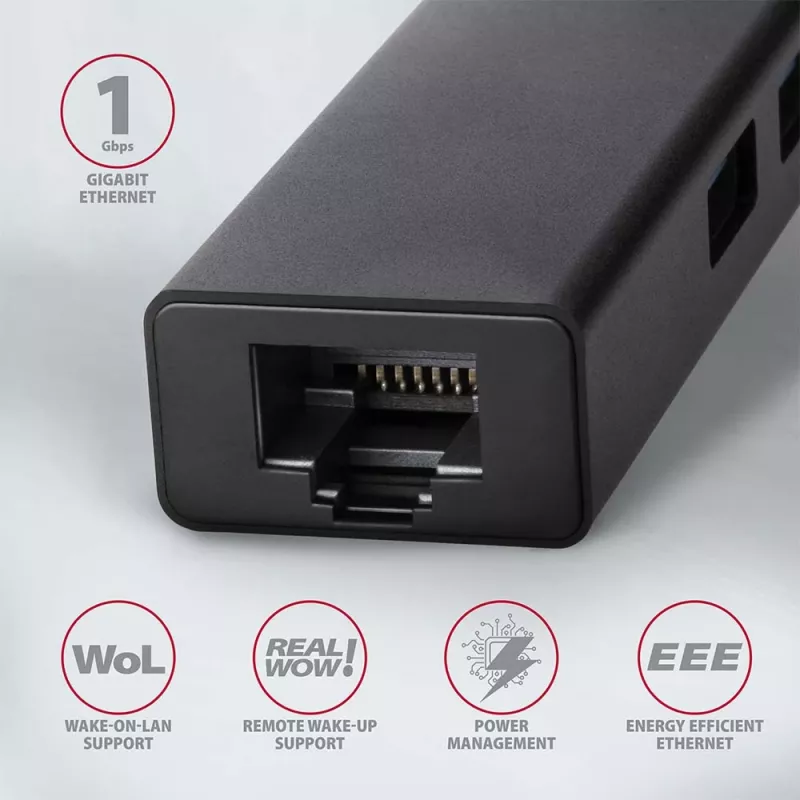 Axagon HMA-GL3A Hub multipuerto USB 3.0 Type-A Gbit-LAN 3x USB-A microSD con cable USB 3.2 Gen 1 (3.1 Gen 1) Type-A negro