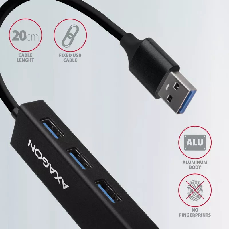 Axagon HMA-GL3A Hub multipuerto USB 3.0 Type-A Gbit-LAN 3x USB-A microSD con cable USB 3.2 Gen 1 (3.1 Gen 1) Type-A negro