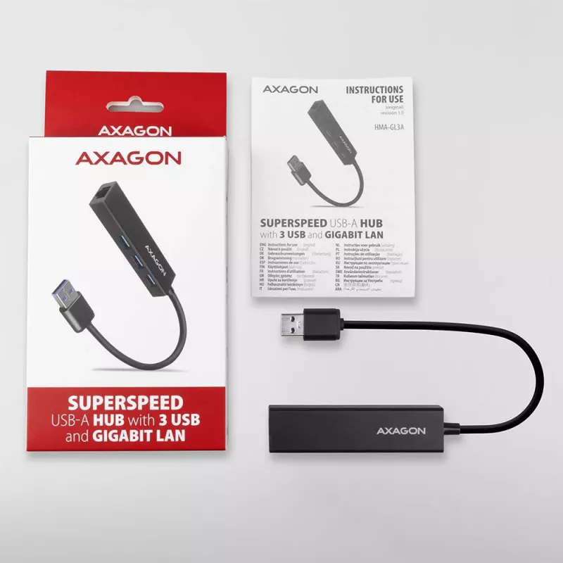 Axagon HMA-GL3A Hub multipuerto USB 3.0 Type-A Gbit-LAN 3x USB-A microSD con cable USB 3.2 Gen 1 (3.1 Gen 1) Type-A negro