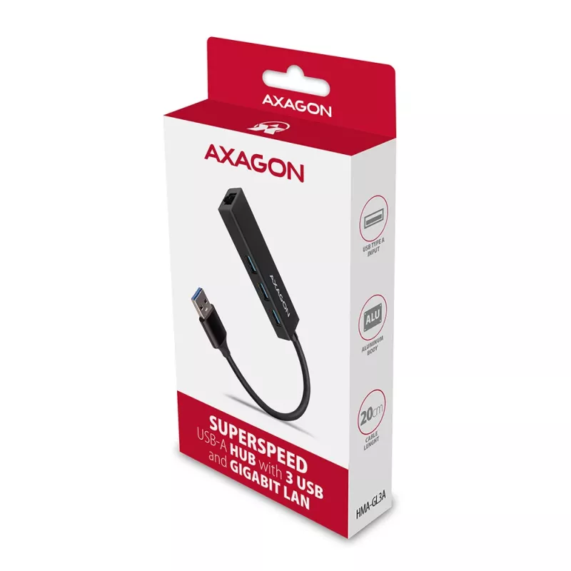 Axagon HMA-GL3A Hub multipuerto USB 3.0 Type-A Gbit-LAN 3x USB-A microSD con cable USB 3.2 Gen 1 (3.1 Gen 1) Type-A negro