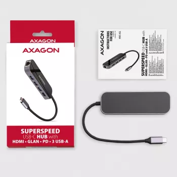 Axagon HMC-6GL Hub USB 3.2 Gen 1, 3x USB-A, HDMI 4K/30Hz, RJ-45, PD 100W, cable USB-C de 20 cm