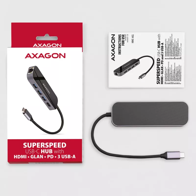 Axagon HMC-6GL Hub USB 3.2 Gen 1, 3x USB-A, HDMI 4K/30Hz, RJ-45, PD 100W, cable USB-C de 20 cm