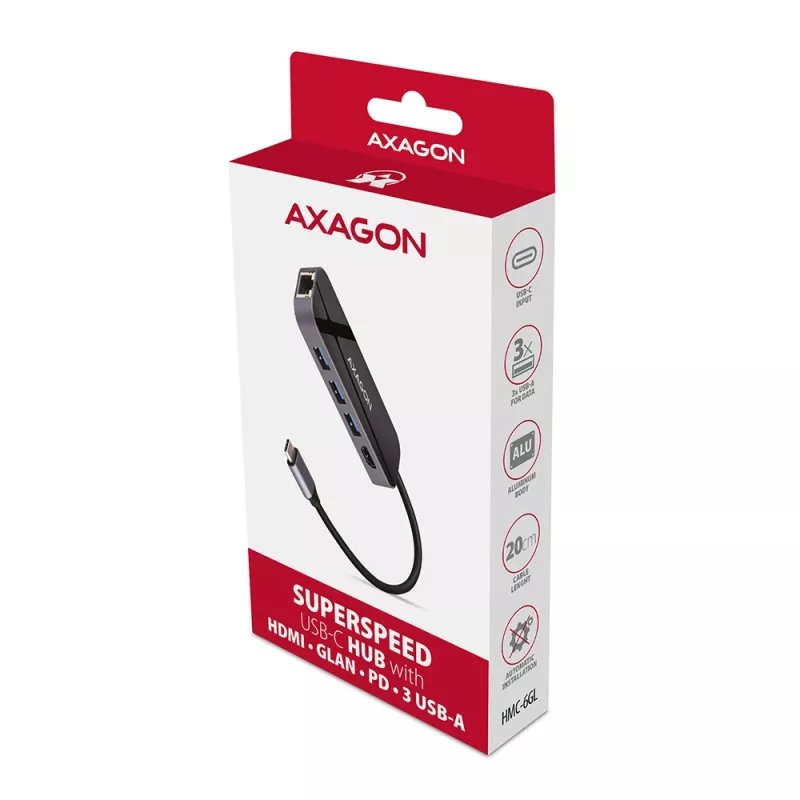 Axagon HMC-6GL Hub USB 3.2 Gen 1, 3x USB-A, HDMI 4K/30Hz, RJ-45, PD 100W, cable USB-C de 20 cm