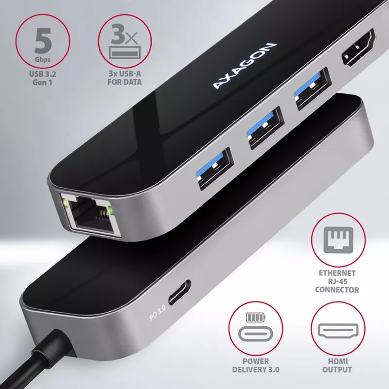 Axagon HMC-6GL Hub USB 3.2 Gen 1, 3x USB-A, HDMI 4K/30Hz, RJ-45, PD 100W, cable USB-C de 20 cm
