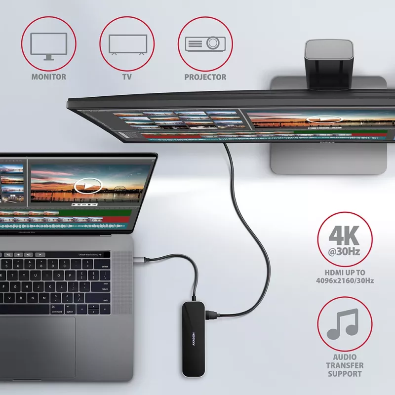 Axagon HMC-6GL Hub USB 3.2 Gen 1, 3x USB-A, HDMI 4K/30Hz, RJ-45, PD 100W, cable USB-C de 20 cm