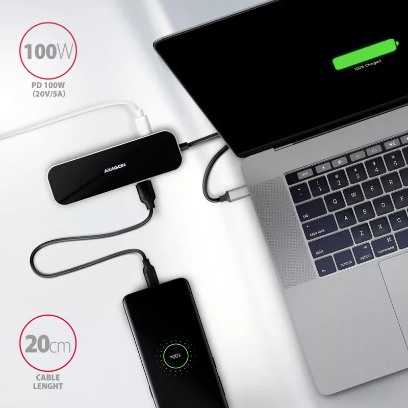 Axagon HMC-6GL Hub USB 3.2 Gen 1, 3x USB-A, HDMI 4K/30Hz, RJ-45, PD 100W, cable USB-C de 20 cm