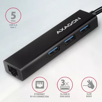 Hub USB-C Axagon HMC-GL3A 3x USB-A Gbit-LAN negro