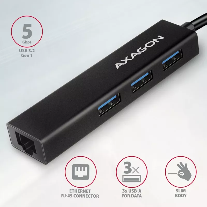 Hub USB-C Axagon HMC-GL3A 3x USB-A Gbit-LAN negro