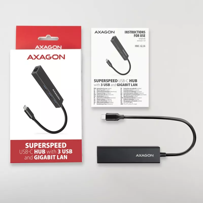 Hub USB-C Axagon HMC-GL3A 3x USB-A Gbit-LAN negro
