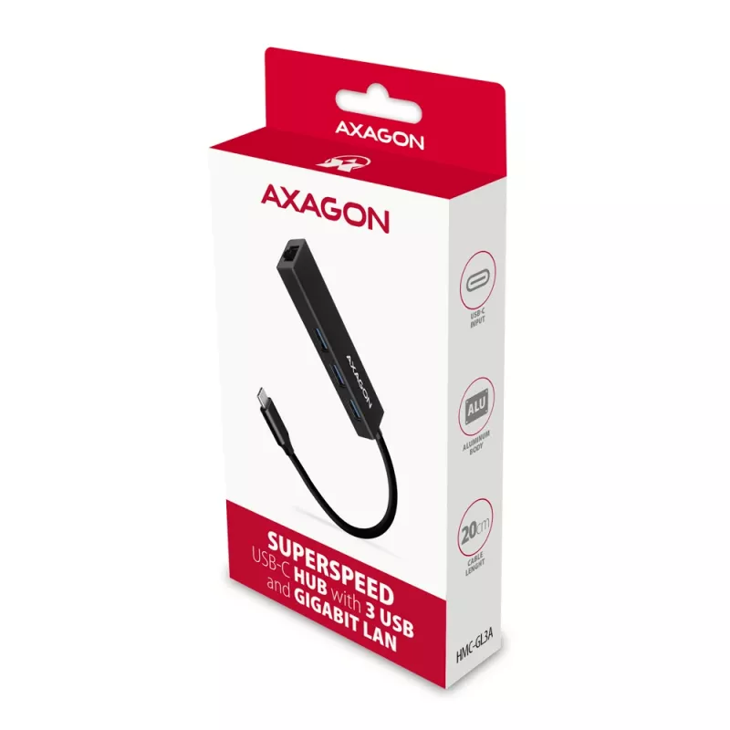 Hub USB-C Axagon HMC-GL3A 3x USB-A Gbit-LAN negro