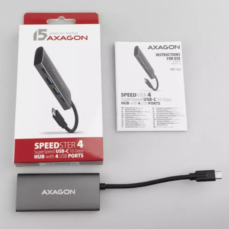 AXAGON HMC-4G2, Hub USB-C 3.2 Gen 2 10 Gb/s, puertos 2x USB-A + 2x USB-C, cable USB-C 13cm