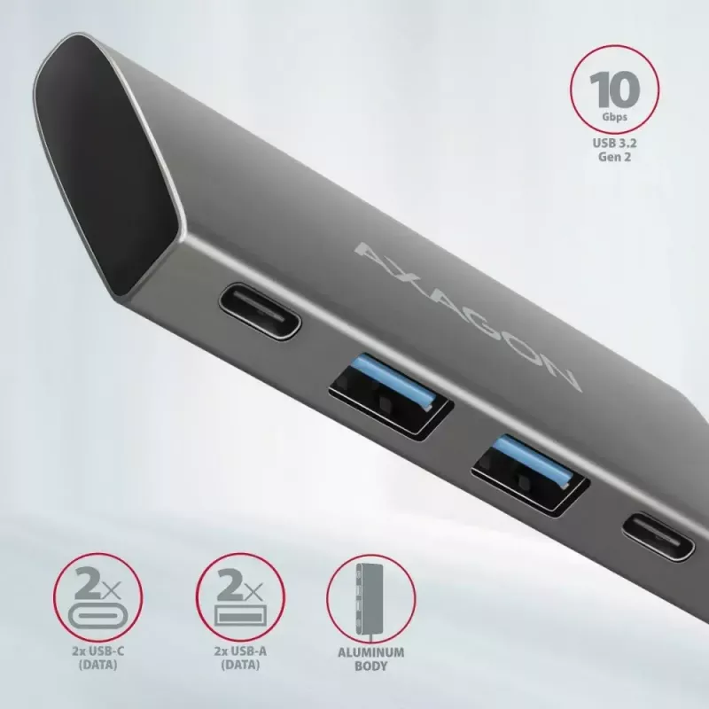 AXAGON HMC-4G2, Hub USB-C 3.2 Gen 2 10 Gb/s, puertos 2x USB-A + 2x USB-C, cable USB-C 13cm
