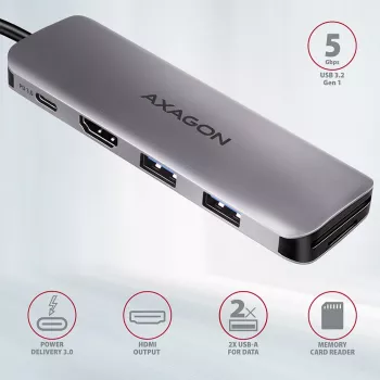 Axagon HMC-5 Hub USB 3.2 Gen 1, 2x USB-A, HDMI, SD/microSD, PD 100W, cable USB-C de 20 cm