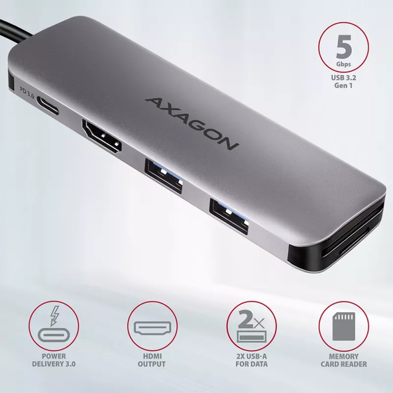 Axagon HMC-5 Hub USB 3.2 Gen 1, 2x USB-A, HDMI, SD/microSD, PD 100W, cable USB-C de 20 cm