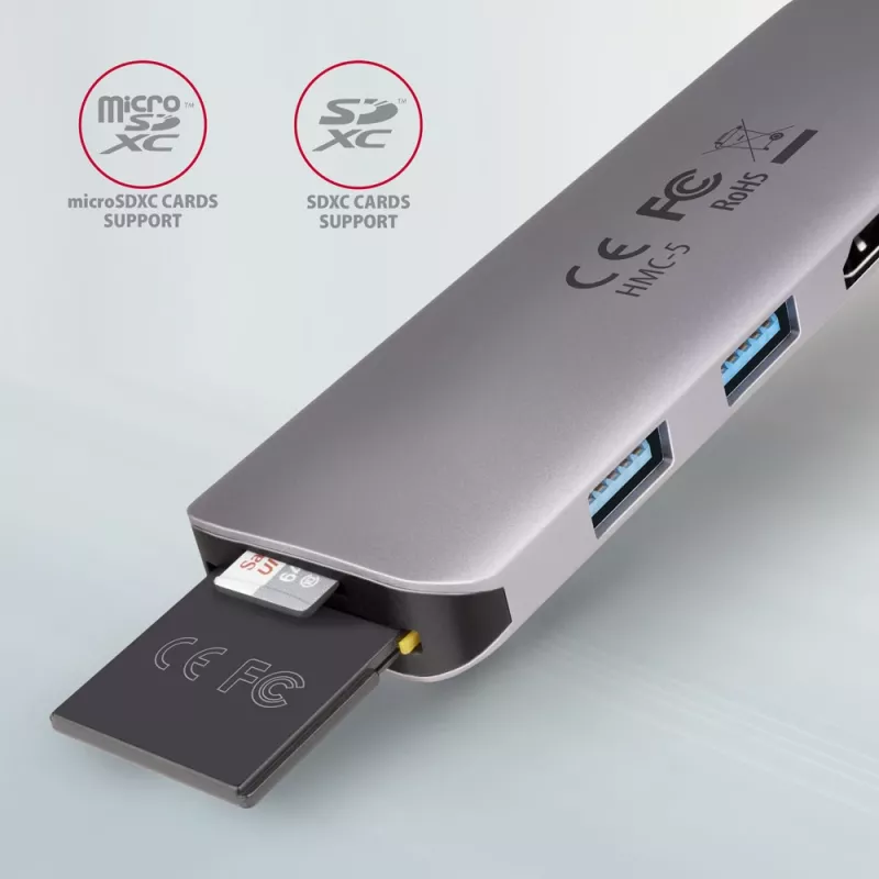 Axagon HMC-5 Hub USB 3.2 Gen 1, 2x USB-A, HDMI, SD/microSD, PD 100W, cable USB-C de 20 cm