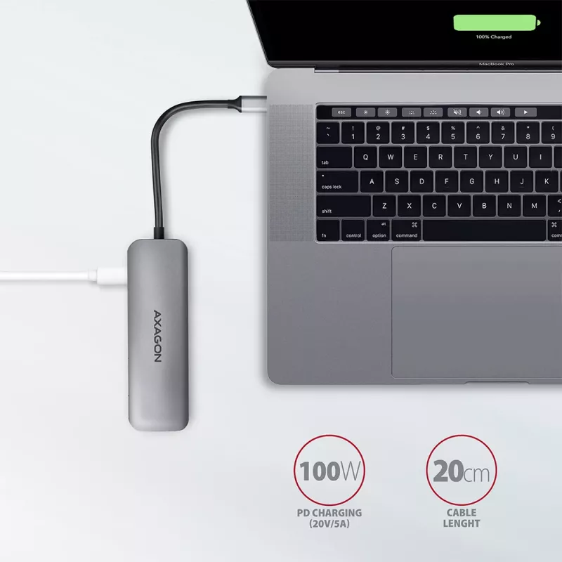 Axagon HMC-5 Hub USB 3.2 Gen 1, 2x USB-A, HDMI, SD/microSD, PD 100W, cable USB-C de 20 cm