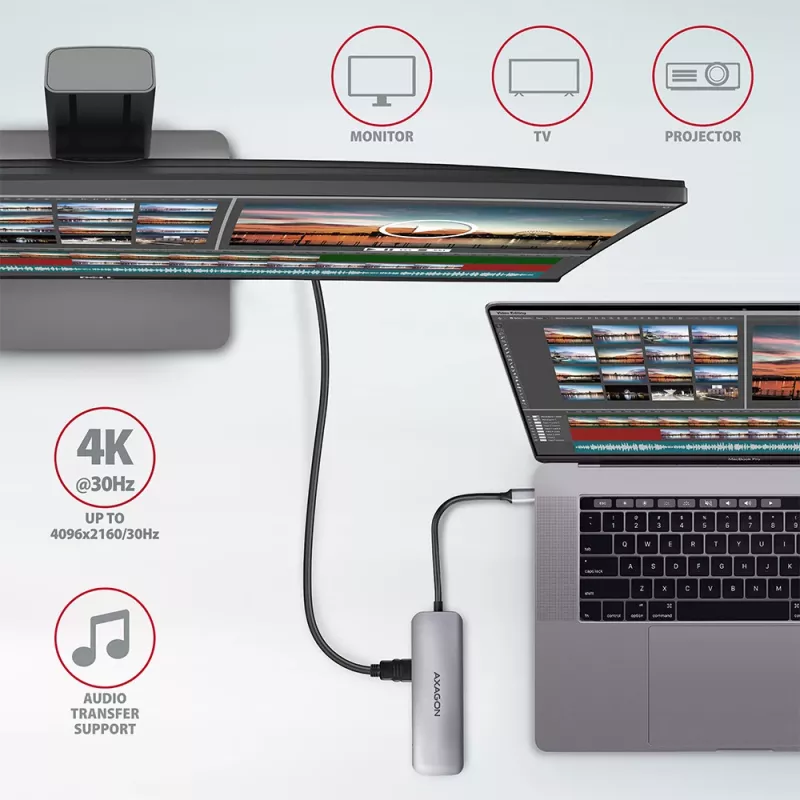 Axagon HMC-5 Hub USB 3.2 Gen 1, 2x USB-A, HDMI, SD/microSD, PD 100W, cable USB-C de 20 cm