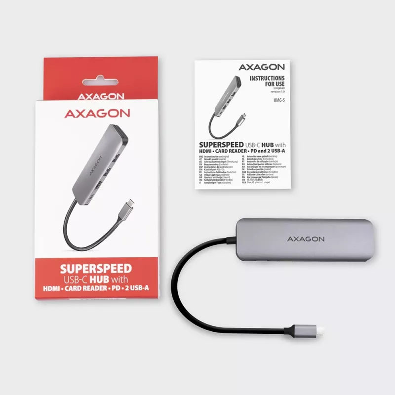 Axagon HMC-5 Hub USB 3.2 Gen 1, 2x USB-A, HDMI, SD/microSD, PD 100W, cable USB-C de 20 cm