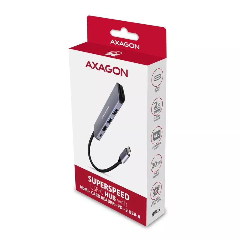 Axagon HMC-5 Hub USB 3.2 Gen 1, 2x USB-A, HDMI, SD/microSD, PD 100W, cable USB-C de 20 cm