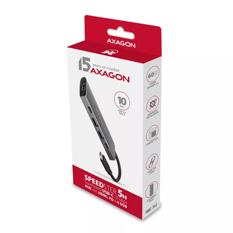 Axagon HMC-5G2 SPEEDSTER hub USB-C 5 en 1, 2x USB-A, 2x USB-C, HDMI, PD 60 W