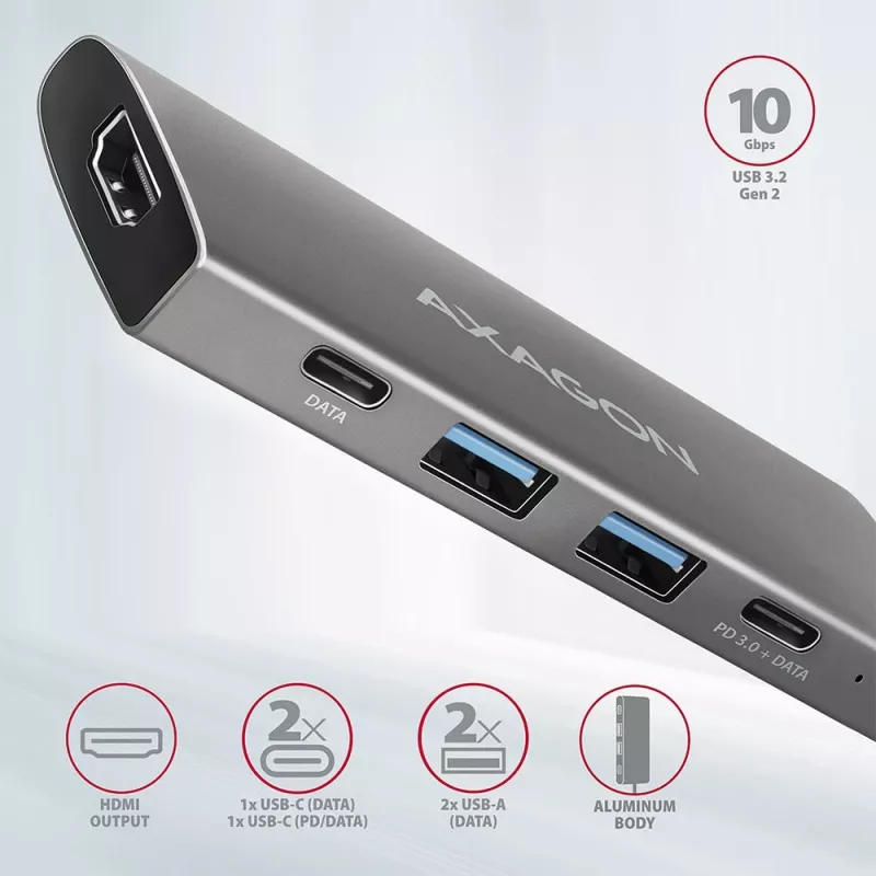 Axagon HMC-5G2 SPEEDSTER hub USB-C 5 en 1, 2x USB-A, 2x USB-C, HDMI, PD 60 W