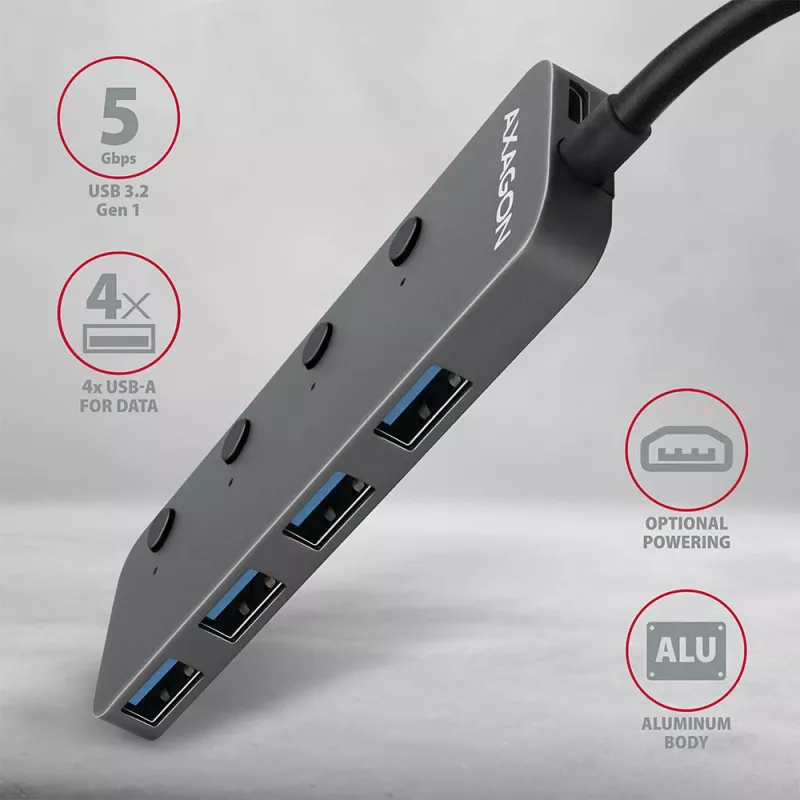 Axagon HUE-MSA Superspeed USB-A Switch Hub 4x USB 3.0 activo - 20cm negro USB 3.2 Gen 1 (3.1 Gen 1) Type-A 5000 Mbit/s gris