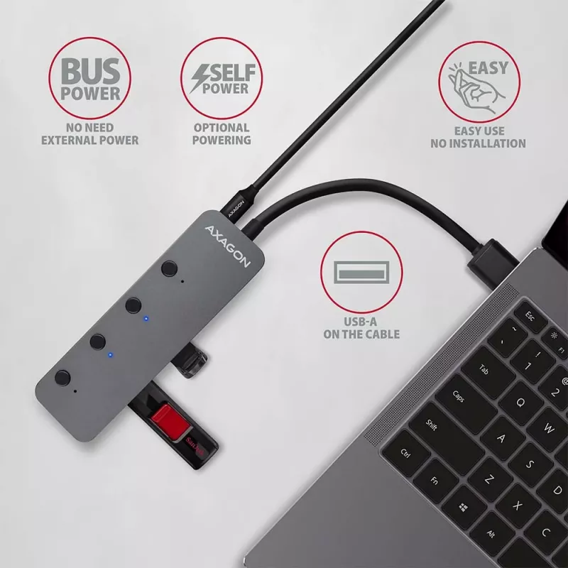 Axagon HUE-MSA Superspeed USB-A Switch Hub 4x USB 3.0 activo - 20cm negro USB 3.2 Gen 1 (3.1 Gen 1) Type-A 5000 Mbit/s gris