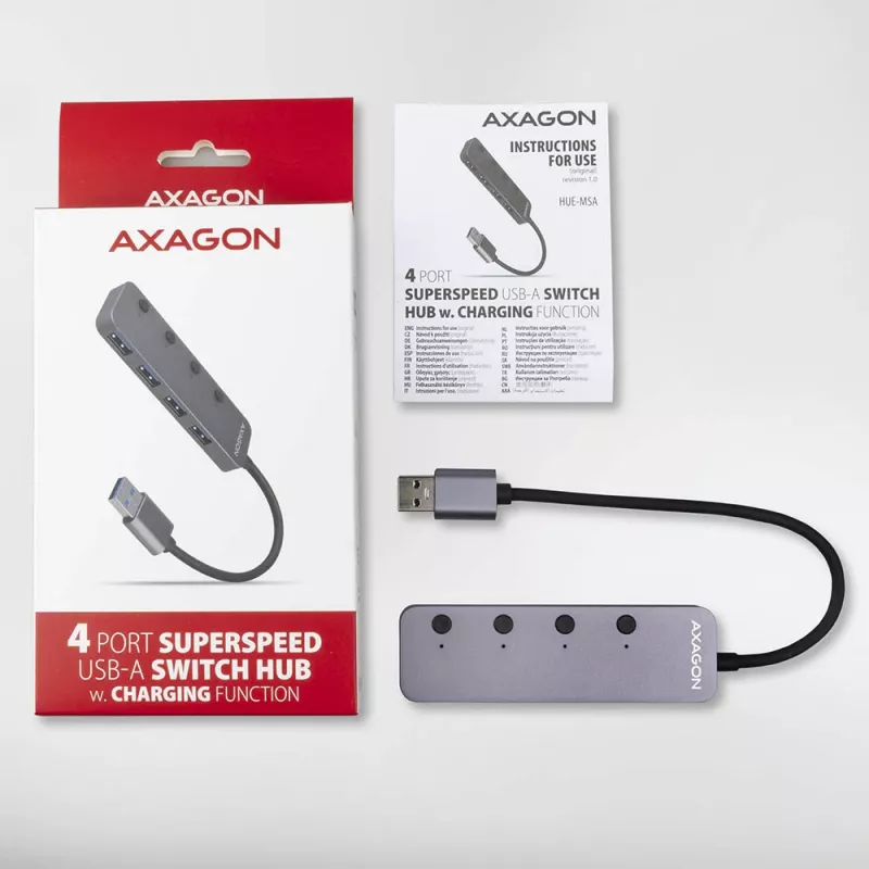 Axagon HUE-MSA Superspeed USB-A Switch Hub 4x USB 3.0 activo - 20cm negro USB 3.2 Gen 1 (3.1 Gen 1) Type-A 5000 Mbit/s gris