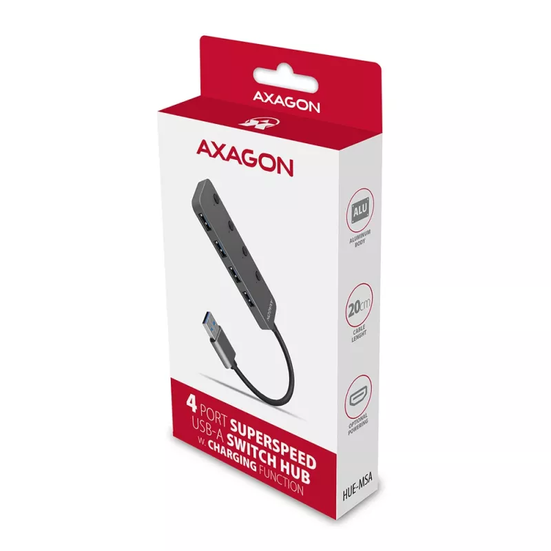 Axagon HUE-MSA Superspeed USB-A Switch Hub 4x USB 3.0 activo - 20cm negro USB 3.2 Gen 1 (3.1 Gen 1) Type-A 5000 Mbit/s gris