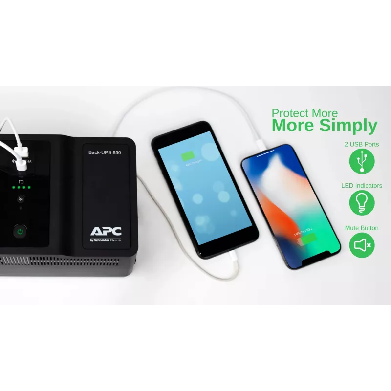 APC Back-UPS BE850G2-GR - Alimentación de emergencia 8 tomas, 850VA, 2 cargadores USB, 1 puerto de datos USB
