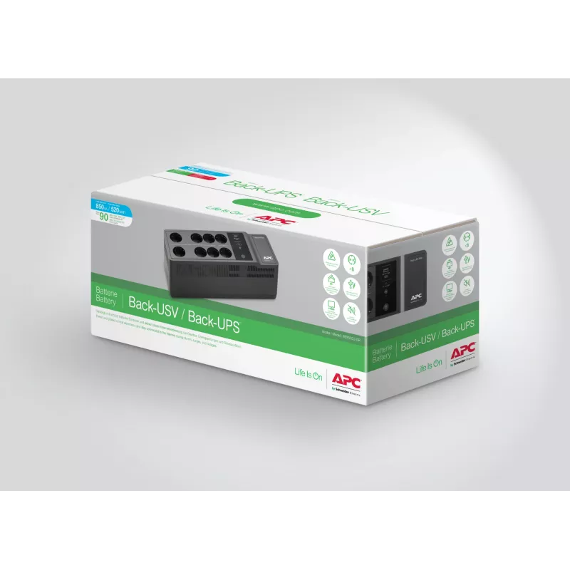 APC Back-UPS BE850G2-GR - Alimentación de emergencia 8 tomas, 850VA, 2 cargadores USB, 1 puerto de datos USB