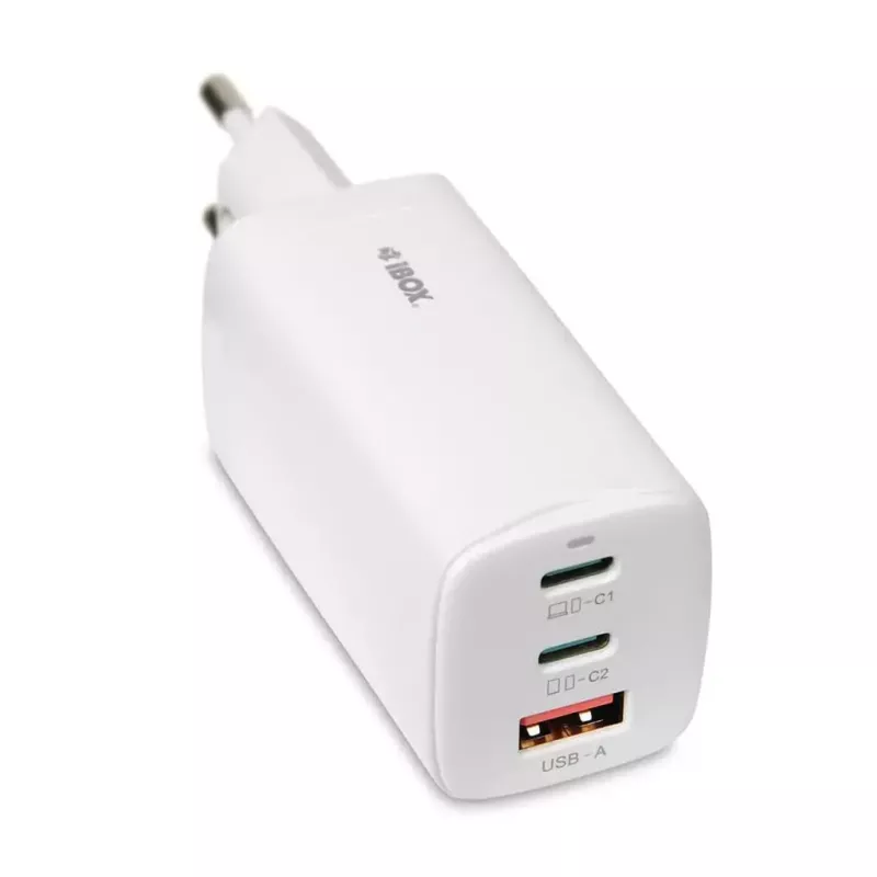 IBOX Cargador portátil ILUC65W, 65W, 2x USB-C + 1x USB-A, blanco, cable de 1,5 m