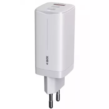 IBOX Cargador portátil ILUC65W, 65W, 2x USB-C + 1x USB-A, blanco, cable de 1,5 m