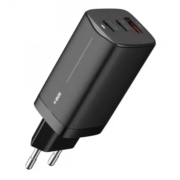 Cargador de CA para dispositivos móviles IBOX ILUC65B — 65 W, 3x USB (2x USB‑A Gen1, 1x USB‑C), negro, 100–240 V