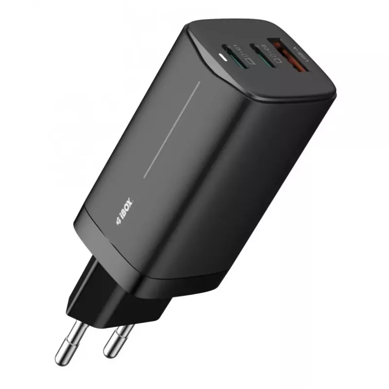 Cargador de CA para dispositivos móviles IBOX ILUC65B — 65 W, 3x USB (2x USB‑A Gen1, 1x USB‑C), negro, 100–240 V