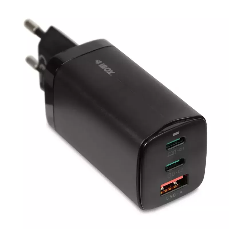 Cargador de CA para dispositivos móviles IBOX ILUC65B — 65 W, 3x USB (2x USB‑A Gen1, 1x USB‑C), negro, 100–240 V