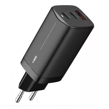 Cargador de CA para dispositivos móviles IBOX ILUC65B — 65 W, 3x USB (2x USB‑A Gen1, 1x USB‑C), negro, 100–240 V