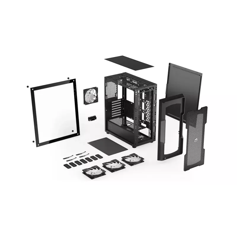 Caja PC ENDORFY Regnum 400 ARGB torre negra — ATX, cristal templado, ARGB, 3x120mm frontal, 1x120mm trasero, soporta GPU 37 cm