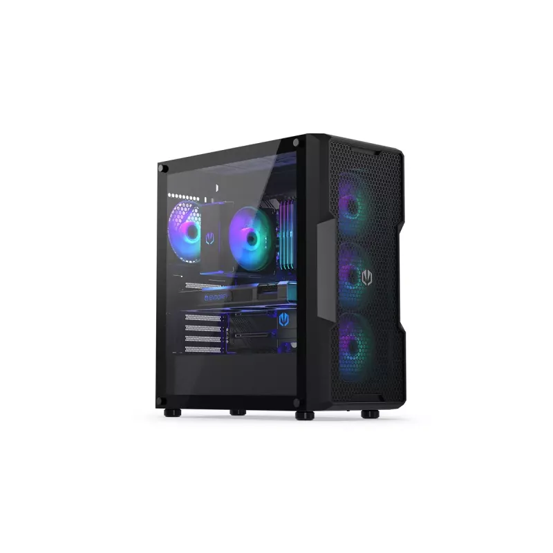 Caja PC ENDORFY Regnum 400 ARGB torre negra — ATX, cristal templado, ARGB, 3x120mm frontal, 1x120mm trasero, soporta GPU 37 cm