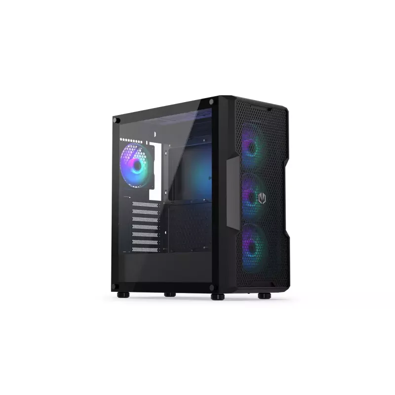 Caja PC ENDORFY Regnum 400 ARGB torre negra — ATX, cristal templado, ARGB, 3x120mm frontal, 1x120mm trasero, soporta GPU 37 cm