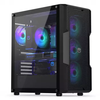 Caja PC ENDORFY Regnum 400 ARGB torre negra — ATX, cristal templado, ARGB, 3x120mm frontal, 1x120mm trasero, soporta GPU 37 cm
